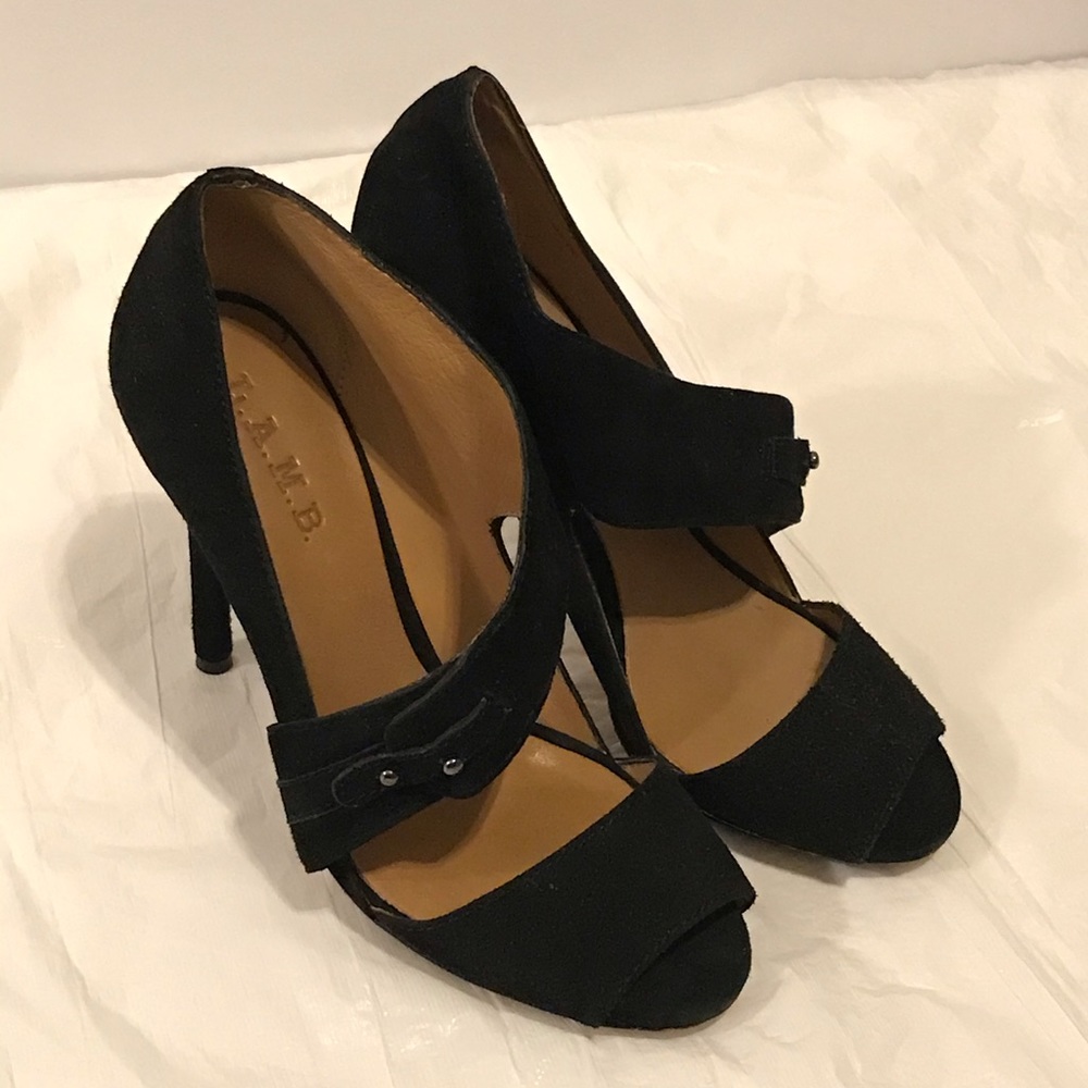 L.A.M.B suede peeptoe stilleto heels 7.5 black
